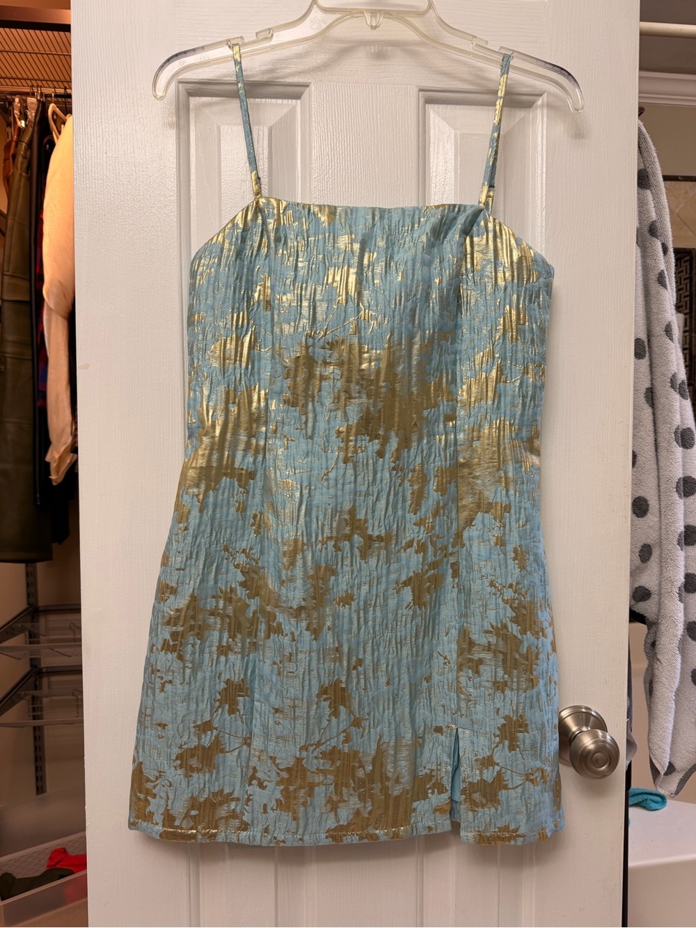 Lulu's Blue and Gold Foil Spaghetti Strap Mini Dress